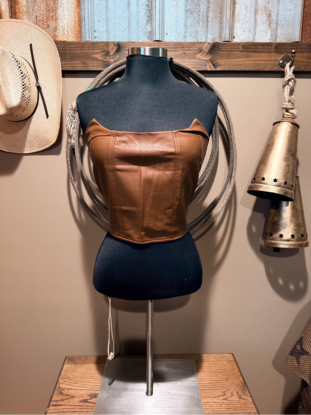 Strapless Cognac Faux-Leather Corset Crop Top
